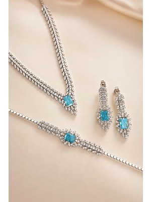 Gümüş Pazarım Prenses Serenadı Mavi Taşlı Gerdanlık Gümüş Set