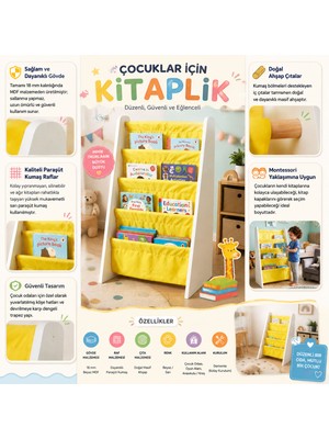 Ratemo Mobilya Çocuk Odası Bez Raflı Montessori Kitaplık - 4 Katlı 18MM Beyaz Mdf Ahşap Kitap Organizeri