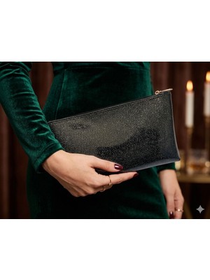 Veloria Bag & Scarf Çok Amaçlı Premium Portföy, Makyaj ve Abiye Çanta Clutch Siyah Suni Deri Simli