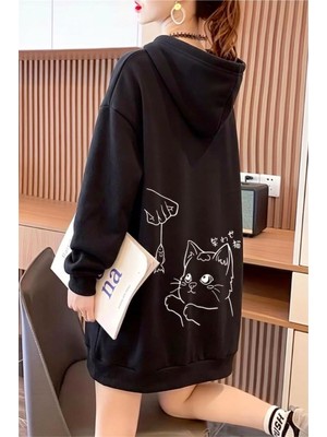 Oksit Sw Fish And Cat Sırt Baskılı Kadın Kapüşonlu Sweatshirt
