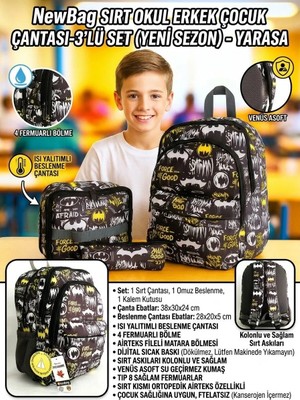 New Bags Yarasa Desenli Erkek Sırt Okul Çantası-3'Lü Set (Yeni Sezon)