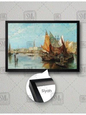 SML Tablo Ressam Carlo Broschi Sahildeki Yelkenli Gemi Yatay Çerçeveli Kanvas Tablo