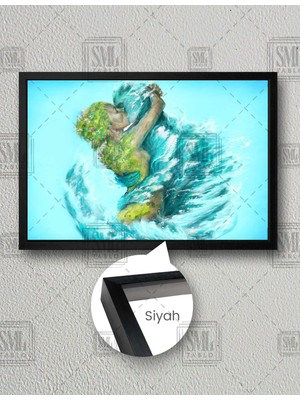 SML Tablo Sarılan Doğa ve Deniz Öpücük Yeşil Mavi Yatay Çerçeveli Kanvas Tablo