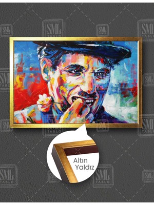 SML Tablo Charli Chaplin Şarlo Renkli Fırça Izleri Portre Yatay Çerçeveli Kanvas Tablo