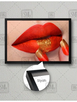 SML Tablo Gold Detaylı Kırmızı Oje ve Ruj Make Up Kuaför Nail Art Dekorasyon Yatay Çerçeveli Kanvas Tablo
