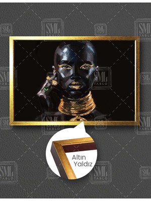 SML Tablo Etnik Takılı Altın Makyajlı Kadın Dijital Sanat Dekoratif Yatay Çerçeveli Kanvas Tablo