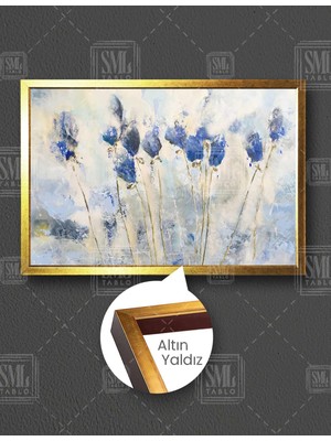SML Tablo Altın Dallı Mavi Çiçekler Gold Abstract Yatay Çerçeveli Kanvas Tablo