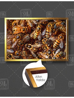 SML Tablo Arı Kovanı Çalışan Işçi Arılar Dijital Çizim Art Yatay Çerçeveli Kanvas Tablo