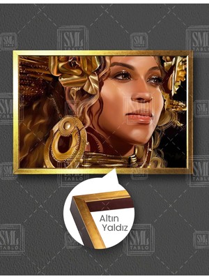 SML Tablo Altın Aksesuarlı Beyonce Ilüstrasyonu Efsane R&b Kraliçesi Yatay Çerçeveli Kanvas Tablo