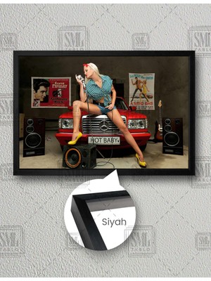 SML Tablo Kırmızı Mercedes ve Şarkı Söyleyen Pin Up Kadın Yatay Çerçeveli Kanvas Tablo