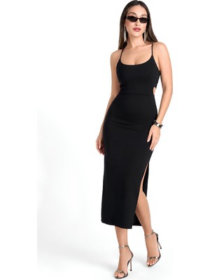 Moviment Siyah Bodycon Midi Kalem Elbise | Ince Askılı Havuz Yaka | Cut Out Sırt Dekolteli Yırtmaç Detaylı | Viskon Karışımlı Interlok Esnek Örme Kumaş