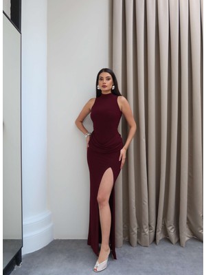 Esra Helvacı Halter Yaka Bel Drape Yırtmaçlı Elbise