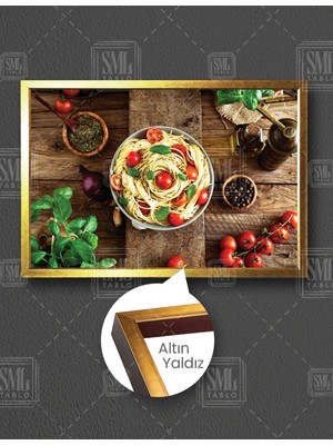 SML Tablo Italyan Mutfağı Makarna Pasta Domates Fesleğen Fast Food Yatay Çerçeveli Kanvas Tablo