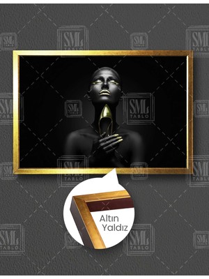 SML Tablo Gold Ayakkabı ve Gold Makyajlı Kadın Yatay Çerçeveli Kanvas Tablo