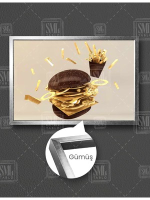 SML Tablo Ahşap Ekmek Gold Rengi Iç Malzemeli Hamburger Fast Food Yatay Çerçeveli Kanvas Tablo