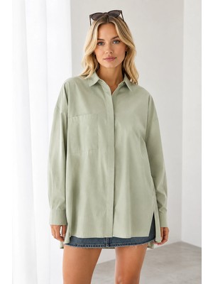 Mevese Menri Kadın Oversize Pensli Cepli Poplin Gömlek - Yeşil