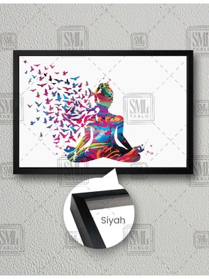 SML Tablo Yoga Yapan Rengarenk Kadın Uçan Kuşlar Yatay Çerçeveli Kanvas Tablo