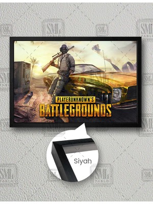 SML Tablo Pubg Mobile Online Macera Oyunu Altın Rengi Klasik Araba Yatay Çerçeveli Kanvas Tablo