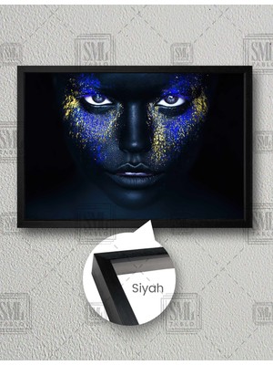 SML Tablo Gold Simli Mavi Boyalı Kadın Dekoratif Yatay Çerçeveli Kanvas Tablo