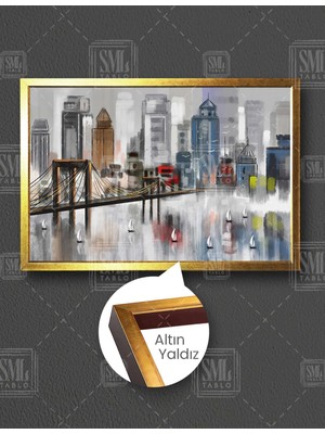 SML Tablo Soyut Şehir Köprü Altında Sudaki Yelkenli Gemiler Doğa Manzara Yatay Çerçeveli Kanvas Tablo