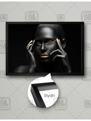 SML Tablo Gold Eyeliner ve Rujlu Siyah Vücut Boyalı Kadın Dekoratif Yatay Çerçeveli Kanvas Tablo