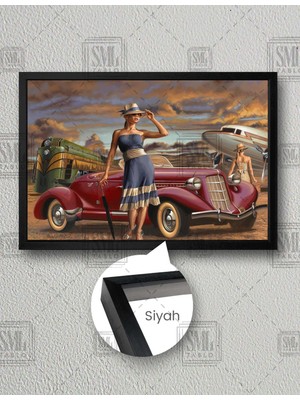 SML Tablo Antika Kırmızı Araba Mavi Elbiseli Kadın Nostalji Retro Yatay Çerçeveli Kanvas Tablo