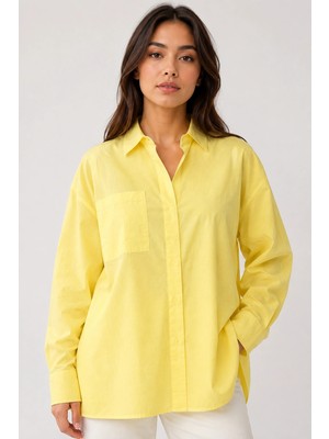 Mevese Menri Kadın Oversize Pensli Cepli Poplin Gömlek - Sarı