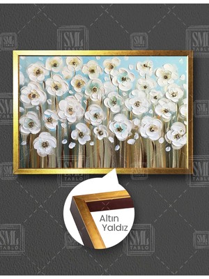 SML Tablo Gold Detaylı Beyaz Çiçek Bahçesi Yatay Çerçeveli Kanvas Tablo