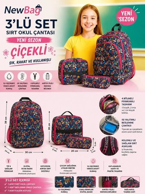 Newbag Tropikal Desenli Kız Sırt Okul Çantası-3'lü Set  (Yeni Sezon)