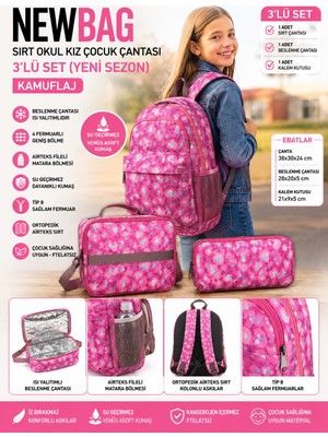 New Bags Kamuflaj Desenli Kız Sırt Okul Çantası-3'Lü Set (Yeni Sezon)