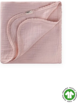 Cigit Dantel Işlemeli Tekkat Organik Müslin Battaniye 100X100 cm +/- 3 cm Pudra Pembe