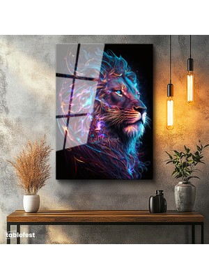 Tablofest Tamperli Cam Tablo Neon Çizgisel Aslan Tablosu Duvar Dekoru