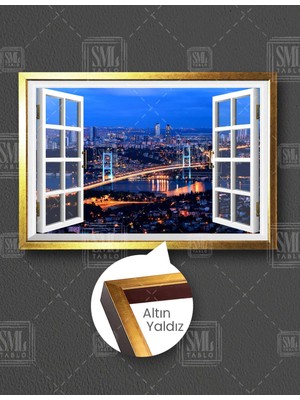 SML Tablo Beyaz Açık Pencereden Istanbul Gece Manzarası Şehir Işıkları Yatay Çerçeveli Kanvas Tablo