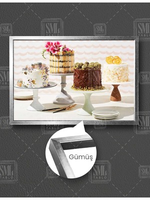 SML Tablo Çikolatalı ve Meyveli Pasta Çeşitleri Cake Pastane Yatay Çerçeveli Kanvas Tablo