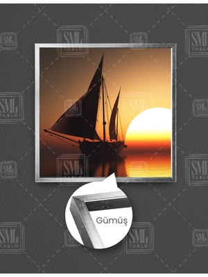 SML Tablo Gün Batımı Deniz Yelkenli Gemi Doğa Manzara Kare Çerçeveli Kanvas Tablo