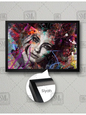 SML Tablo Soyut Grafiti Kadın Renkli Portre Dergi Başlıkları Yatay Çerçeveli Kanvas Tablo