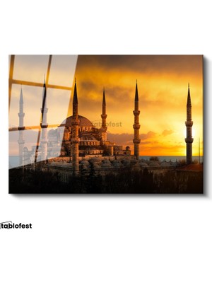 Tablofest Tamperli Cam Tablo Sultanahmet Camii Gün Batımı Silüeti Şehir Mimari Tablo Duvar Dekoru