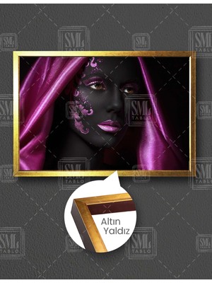 SML Tablo Pembe Makyajlı ve Altın Sarısı Eşarplı Yüzünde Art Deko Desenli Kadın Yatay Çerçeveli Kanvas Tablo