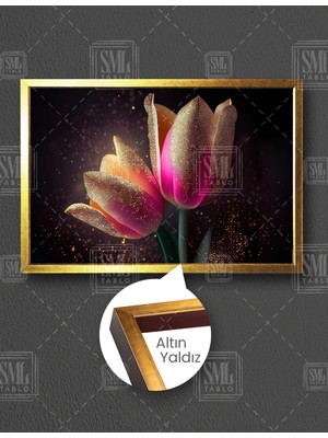SML Tablo Pembe Lale Gold Detaylı Altın Pırıltılar Lüks Dekoratif Yatay Çerçeveli Kanvas Tablo