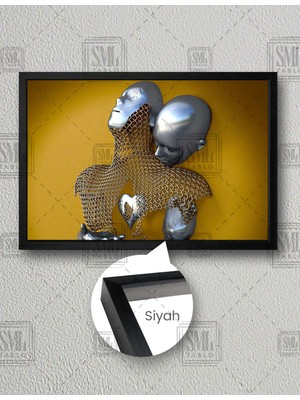 SML Tablo Sarılan Gümüş Ile Metal ve Zincirden Oluşan Çift Metalik Gold Romantik Yatay Çerçeveli Kanvas Tablo