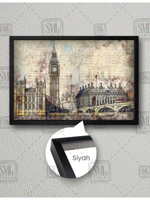 SML Tablo Londra Şehir Manzarası Nostaljik London Binalar Yatay Çerçeveli Kanvas Tablo