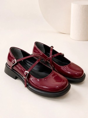 Dabab Shoes Marsel Kadın Bordo Rugan Çapraz Bantlı Tokalı 2 cm Kalın Taban Mary Jane Ayakkabı