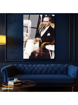 Tablofest Tamperli Cam Tablo Atatürk Hasır Koltuk Atatürk Tablosu Duvar Dekoru