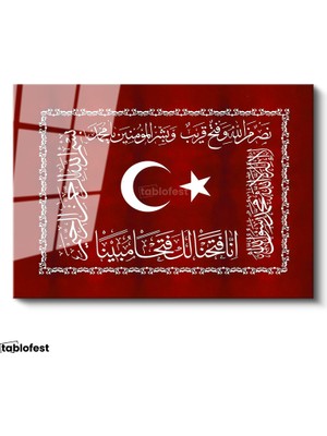 Tablofest Tamperli Cam Tablo Ay Yıldız ve Fetih Ayeti Osmanlı Tablosu Duvar Dekoru