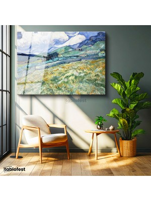 Tablofest Tamperli Cam Tablo Vincent van Gogh Tepe ve Alan Manzarası Ressam Tablosu Duvar Dekoru