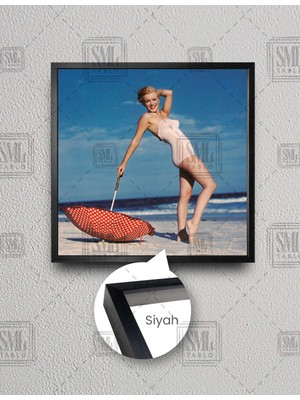 SML Tablo Kırmızı Şemsiyeli Marilyn Monroe Sahil Tatil Kumsal Kadın Modern Kare Çerçeveli Kanvas Tablo