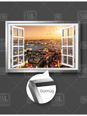SML Tablo Beyaz Açık Pencereden Istanbul Boğaz Manzarası Yatay Çerçeveli Kanvas Tablo