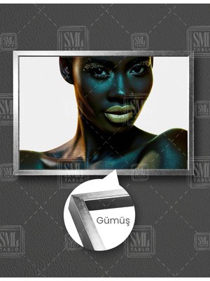 SML Tablo Gold Rujlu ve Pırıltılı Göz Makyajlı Manken Make Up Kuaför Yatay Çerçeveli Kanvas Tablo