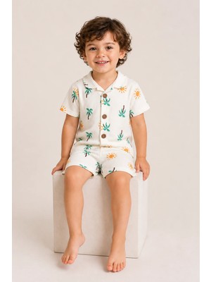 Aden Kids Palmiye Desenli Raporlu Erkek Çocuk Şortlu Pijama  Takımı