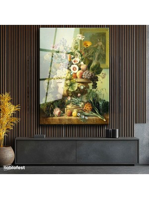 Tablofest Tamperli Cam Tablo Jan van Huysum Meyve ve Çiçekler Ananaslı Vazoda Ressam Tablosu Dekoru